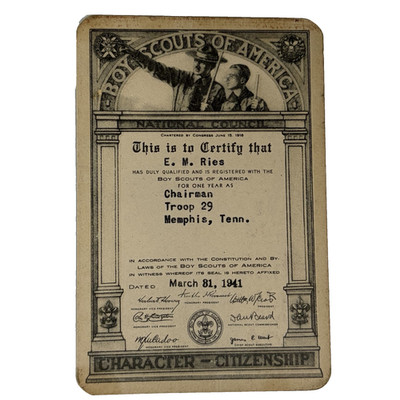 1941 Boy Scouts of America Registration Card Memphis TN Troop 29 Chairman VTG