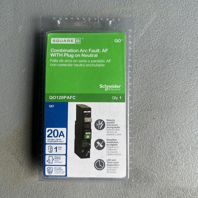 Square D QO120PAFC 20A Breaker COMBINATION ARC FAULT: AF WITH PLUG ON NEUTRAL