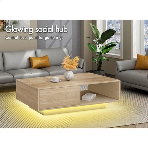 ALFORDSON Coffee Table LED RGB Light Storage Drawer Modern Furniture Oak - Picture 2 of 11