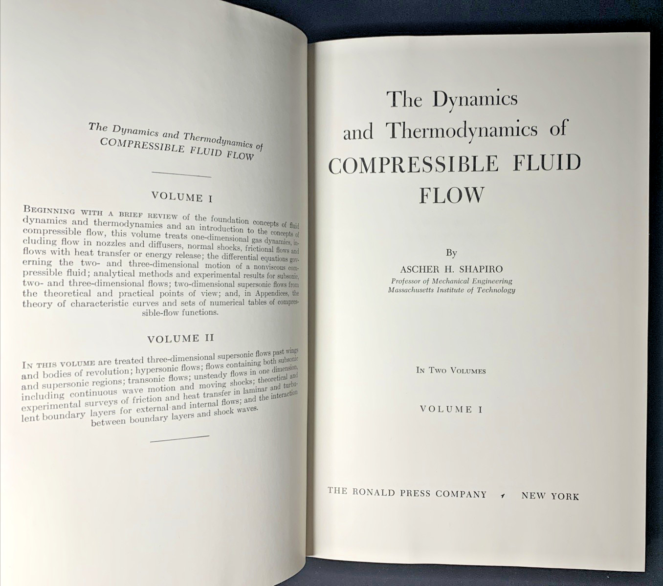 Compressible Fluid Flow VOL. 1 - Ascher Shapiro - 1953 HC w/ DJ - VG