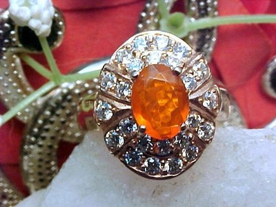  NATURAL MEXICAN FIRE OPAL RING AAA++ 8X6mm & WHITE SAPP 925 SS/14K ROSE GOLD