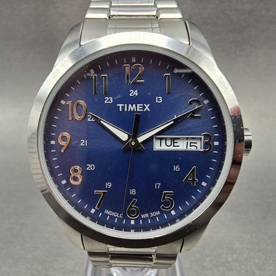 Timex South Street Watch Men 36mm Blue Dial Silver Tone Daydate T2M933 New Batt