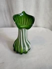 Vtg Jack in the Pulpit Vase Murano Style Ribbed Green And White Almost 6 Inch