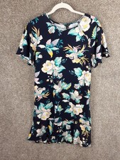 Ann Taylor Floral Knit Dress Womens M Blue Short Sleeve Ruffle Bottom Stretch