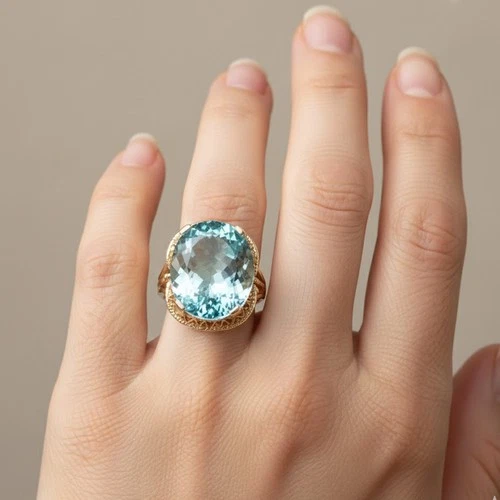 Gigantic Ocean Blue Aquamarine Oval 16.30Ct 925 Sterling Silver Rose Gold Rings