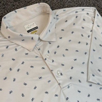 Greg Norman Play Dry Golf Polo Large Bicycle Print White Performance Stretch