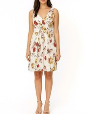 Lands End Summer Dress Ivory Floral A Line V Neck Knee Length Cotton Size 8P