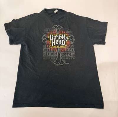 Vintage Guitar Hero Black Tshirt with text  God is my Hero and my rock 