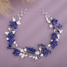 Blue Rhinestone Wedding Hair Vine Crystal Leaf Headband for Bridesmaids