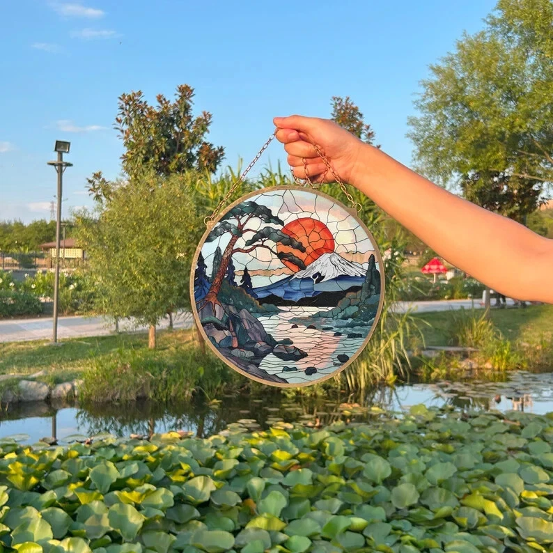 Mount Fuji Stained Glass Suncatcher Window Hanging Decor