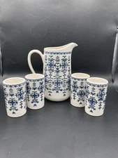 Pitcher and 4 Tumblers Vintage Japan Blue and White HTF Inarco E-3492