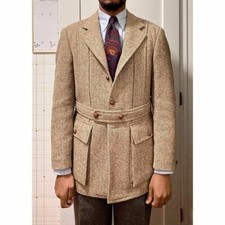 Vintage Fischgrät Herren Smoking mit Gürtel Blazer Business Party Bräutigam Anzug Mantel