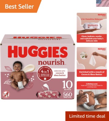 Nourish Baby Wipes with Cocoa & Shea Butter - 560 Wipes for Sensitive Skin