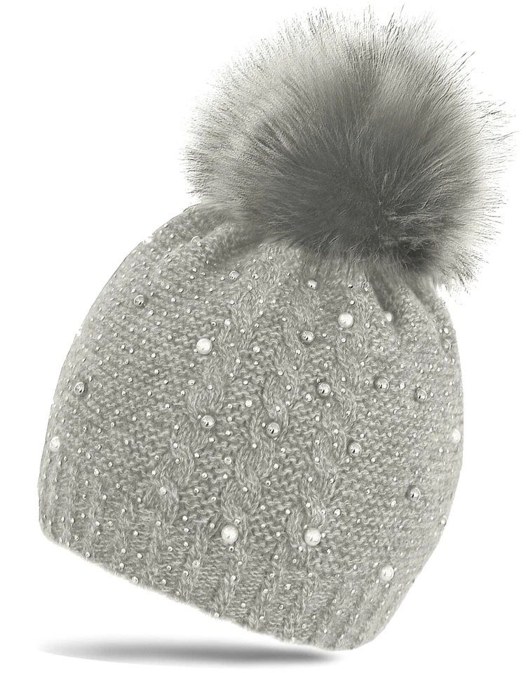 BLACKSHIRT COMPANY STRICKMÜTZE MIT FELLBOMMEL Perlen und Glitzer
