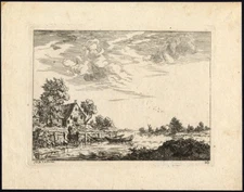 Antique Master Print-RIVER-LANDSCAPE-ROWING-BOAT-von Hagedorn-1744