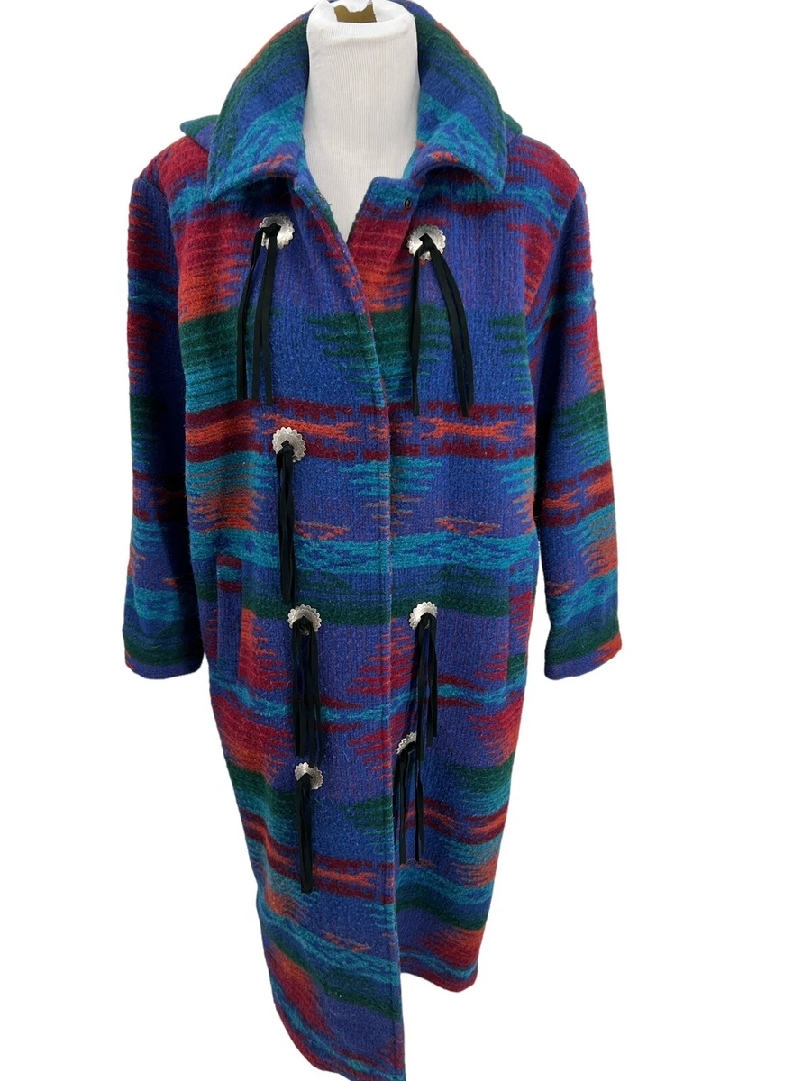 Woolrich Southwest Indian Blanket Long Wool Duster Coat Concho Womens Size Small