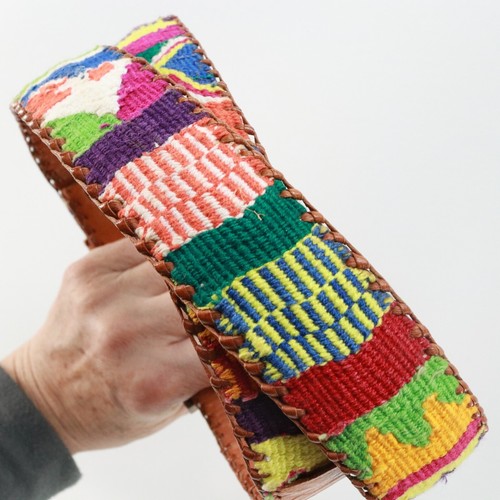 Vintage Handmade Belt Brass Abacus Buckle Abstract Embroidered Leather Trim - Picture 8 of 24
