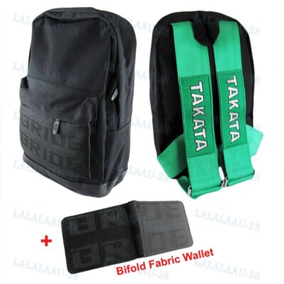 JDM BRIDE RACING BACKPACK W/ GREEN RACING HARNESS SHOULDER STRAPS + BLACK WALLET