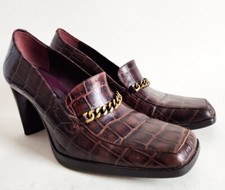 90s Y2K Nine West Embossed Block Chunky Heel Brown Loafers Gold Chain Size 7.5