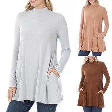 Women's Mock Turtle Neck Long Sleeve Relaxed Fit Soft Rayon Top Side Pockets
