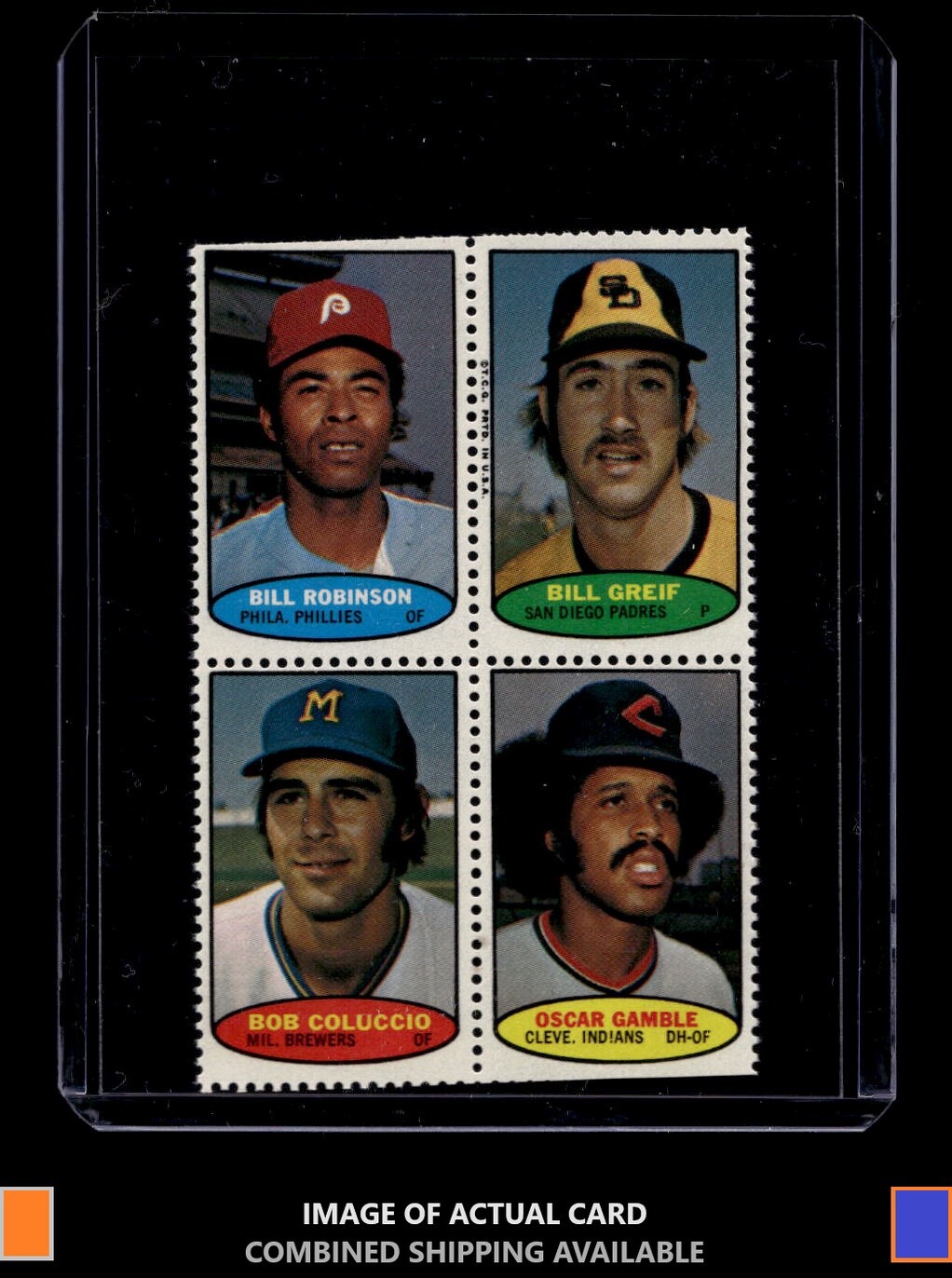 1974 Topps Stamps Bill Robinson Bill Greif Coluccio Oscar Gamble Panel NM Miscut