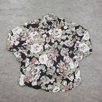 Point & Line Shirt Womens S Small Black Button Up Long Sleeve Floral Casual