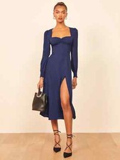 REFORMATION Navy Blue Crepe Theo Wrap Sweetheart Long Puff Sleeve Midi Dress 10