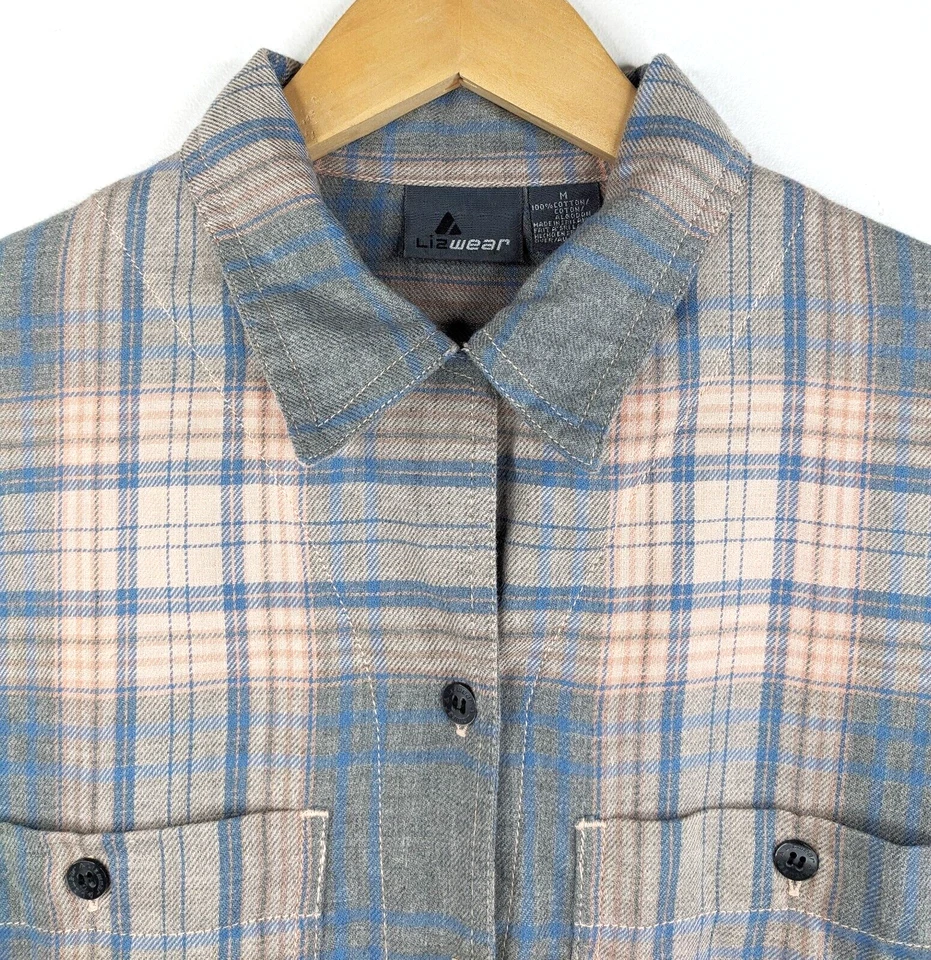 Vintage LIZWEAR 90s Women Grey Pink Plaid Flannel Button up Shirt Size M Casual - Image 2 of 4