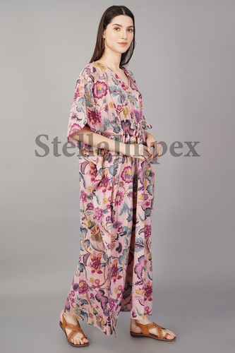 Alluring Indian Handmade Cotton Kaftan, Elegant Pink & Purple Floral Long Caftan - Picture 5 of 6