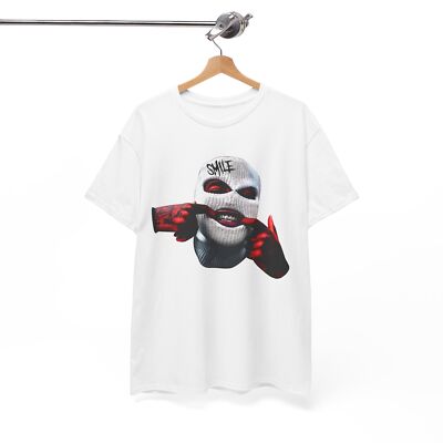 Ski Mask Graphic Tee - 'Smile' Design with Gold Teeth, Bold Streetwear Style
