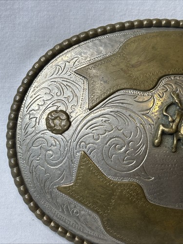 Vintage Montana Silversmiths Buckle Huge Bull Rider Nickel Dual Gold Banners - Picture 2 of 18