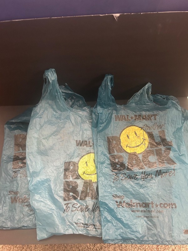 WALMART BLUE ROLL BACK SMILEY FACE PLASTIC SHOPPING BAGS LOT OF 3