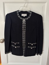 St. John Evening Black/pearl And Rhinestone Accents Zip Knit Jacket Size 6