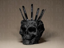 Skull Pen Holder Desk Organizer – Gothic Office Decor, Halloween Gift Black