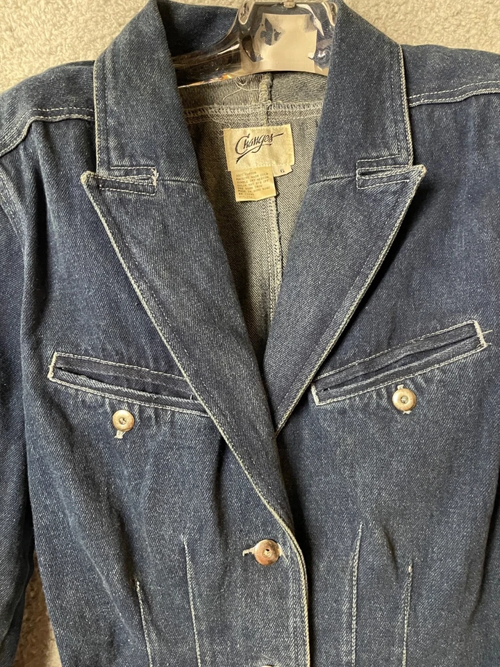 Chaqueta vaquera de colección Changes para mujer 6 azules bolsillos ajustados de un solo pecho años 70 Foto 3 de 4