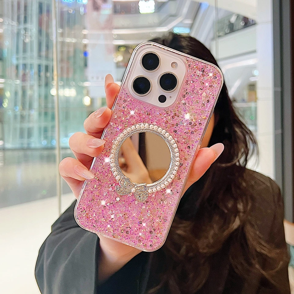 For iPhone Samsung Case Glitter Pearl makeup mirror Bling Phone Cover Women Girl - Image 4 of 4