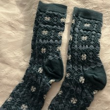 Women Blue White Floral Knit Crew Socks Mid C...