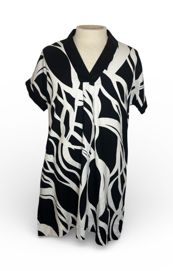 Rachel Zoe Linen Blend Midi Dress Medium Black White V Neck Pleated Size Large
