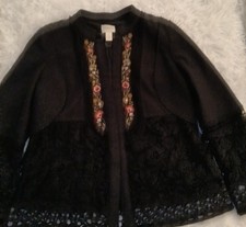 CHICO'S Embroidered Flowers Lace Black L/S Jacket Size 1 US 8-10 Fall