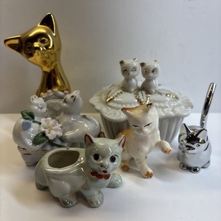 Vintage Ceramic Cat Decor Lot MCM Gold Cat Kittens Trinket Dish Figurines