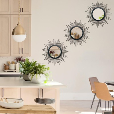 3-Pack Gold Sunburst Wall Mirrors — 12 Inch Round Metal Decorative Mirrors For Living Room, Bedroom & Entryway
