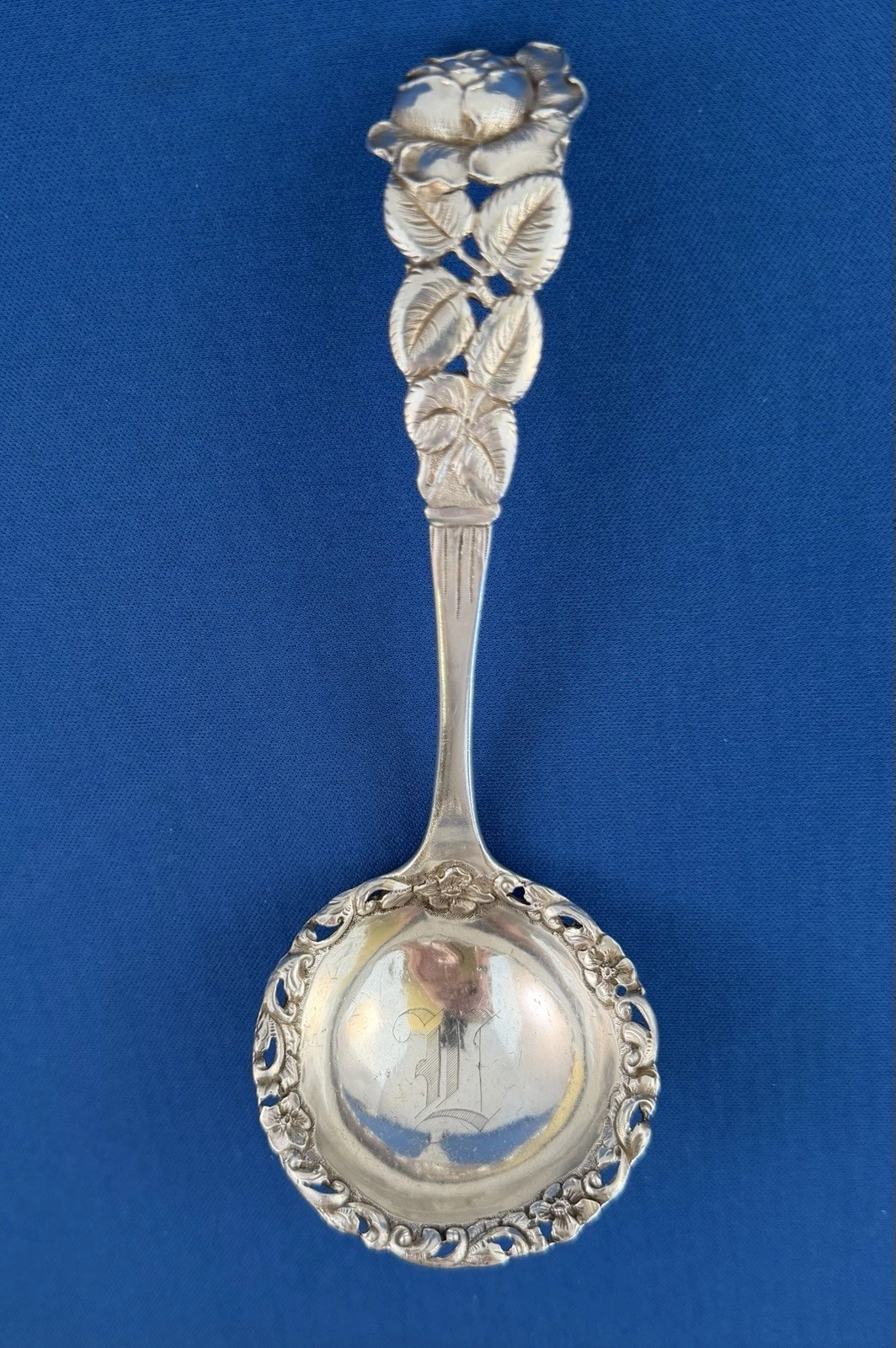Vintage C.D. Peacock Sterling Silver Sauce Ladle w/Open Work Rose Handle Mono H?