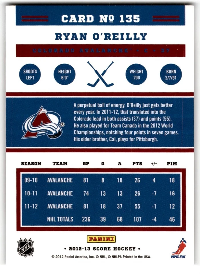 Ryan O'Reilly 2012-13 Score Gold Rush #135 Colorado Avalanche - Image 2 of 2
