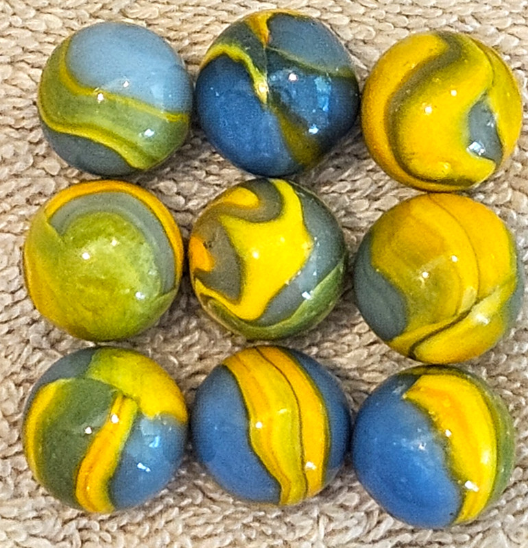 9 Peltier Blue-Gray Rainbo Patch Marbles, 1920-1940, UV Reactive.  Lot 0195