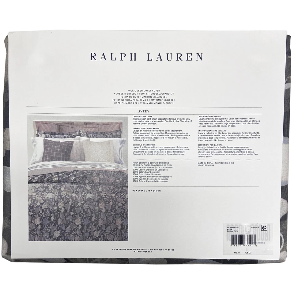 Funda nórdica Ralph Lauren Avery completa/queen gris floral 100 % algodón 96" x 92" nueva con etiquetas Foto 3 de 4