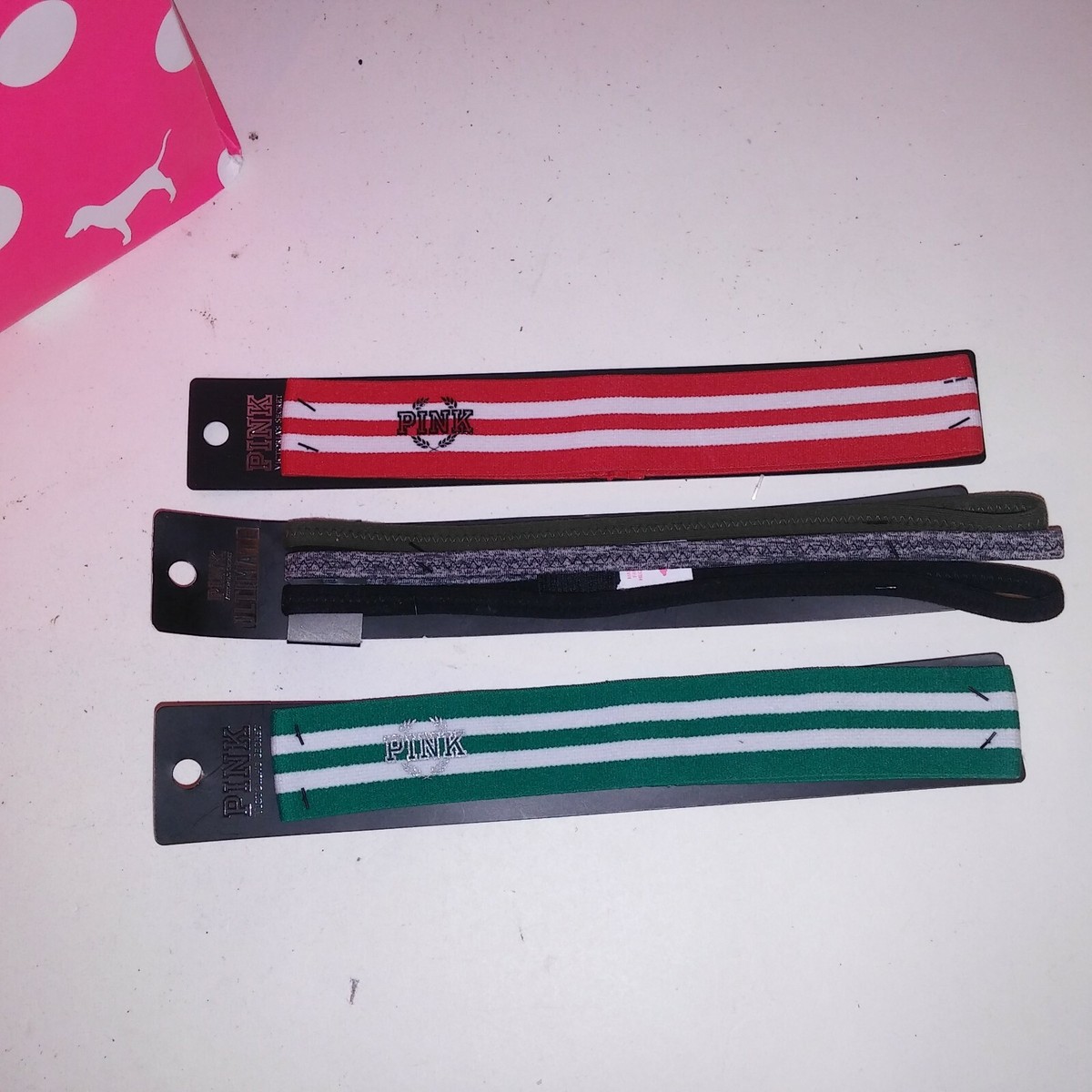 PINK Victoria\'s Secret NWOT Headband Set of 3 Set of 3 Victoria Secret PINK Headbands Red Green Black Logo  main image 4