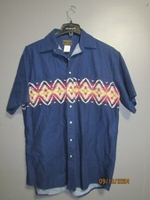 VTG RUSTLER BY WRANGLER S/S PEARL SNAP WESTERN SHIRT BLUE AZTEC L T VGUC