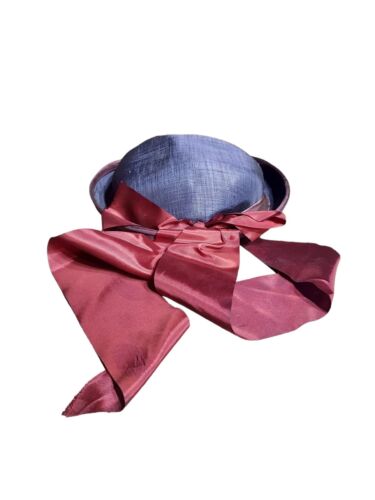 Vintage Womens Hat Navy with Long Maroon Ribbon - Picture 4 of 5