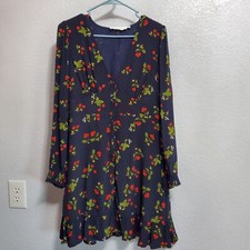 ASTR The Label Dress Women L Blue Cherry Print Button Front Long Sleeve Flowy