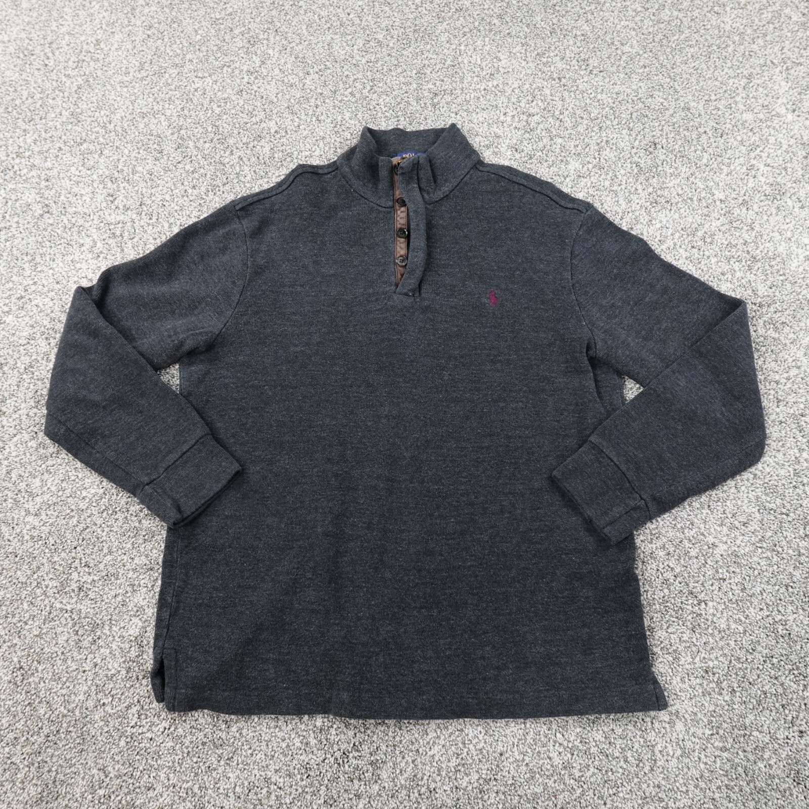 Ralph Lauren Polo Maglione Uomo M Grigio Pony Finta Zip Henley Pullover Felpa